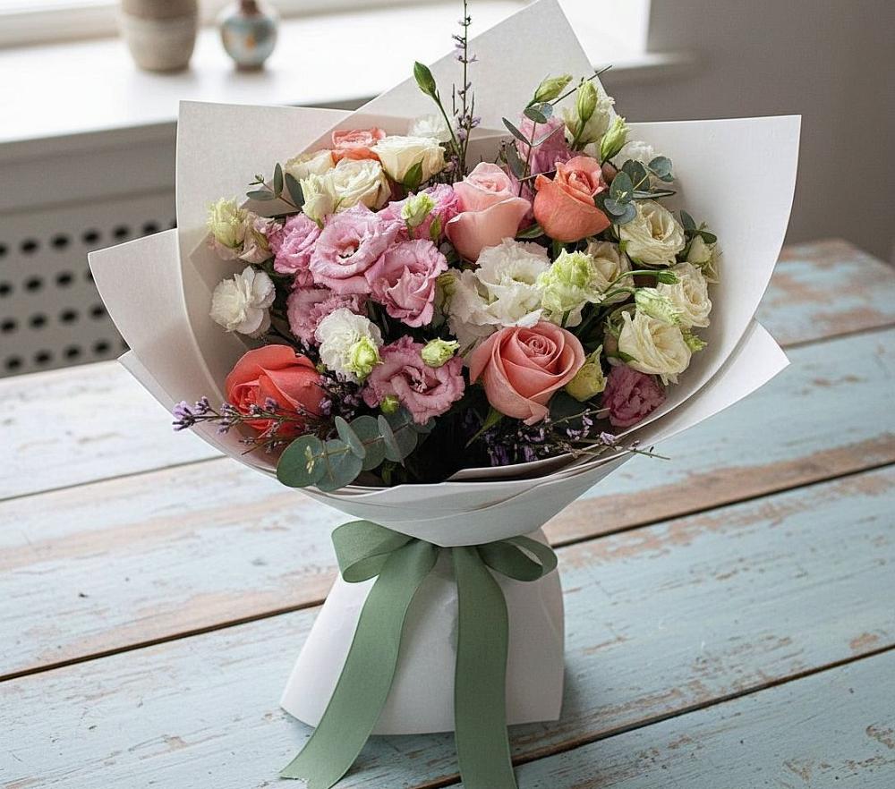 Букет цветов из: Розы, Лизиантусы и Гвоздики в Чернышевске