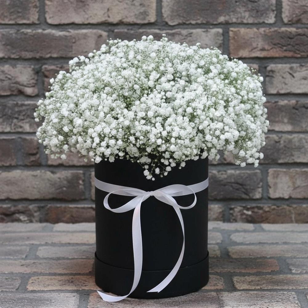 Цветочная композиция из Гипсофила в шляпной коробке в Чернышевске