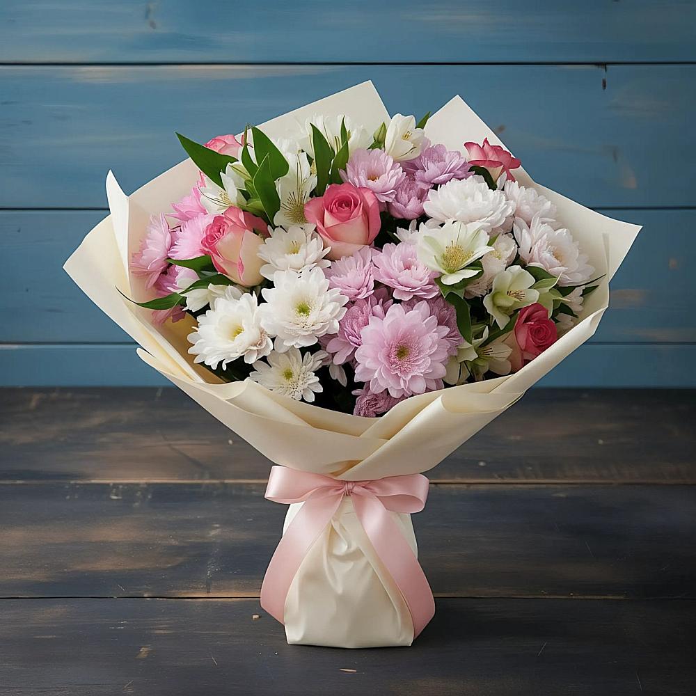 Букет цветов из: Хризантемы, Альстромерии и Розы в Чернышевске